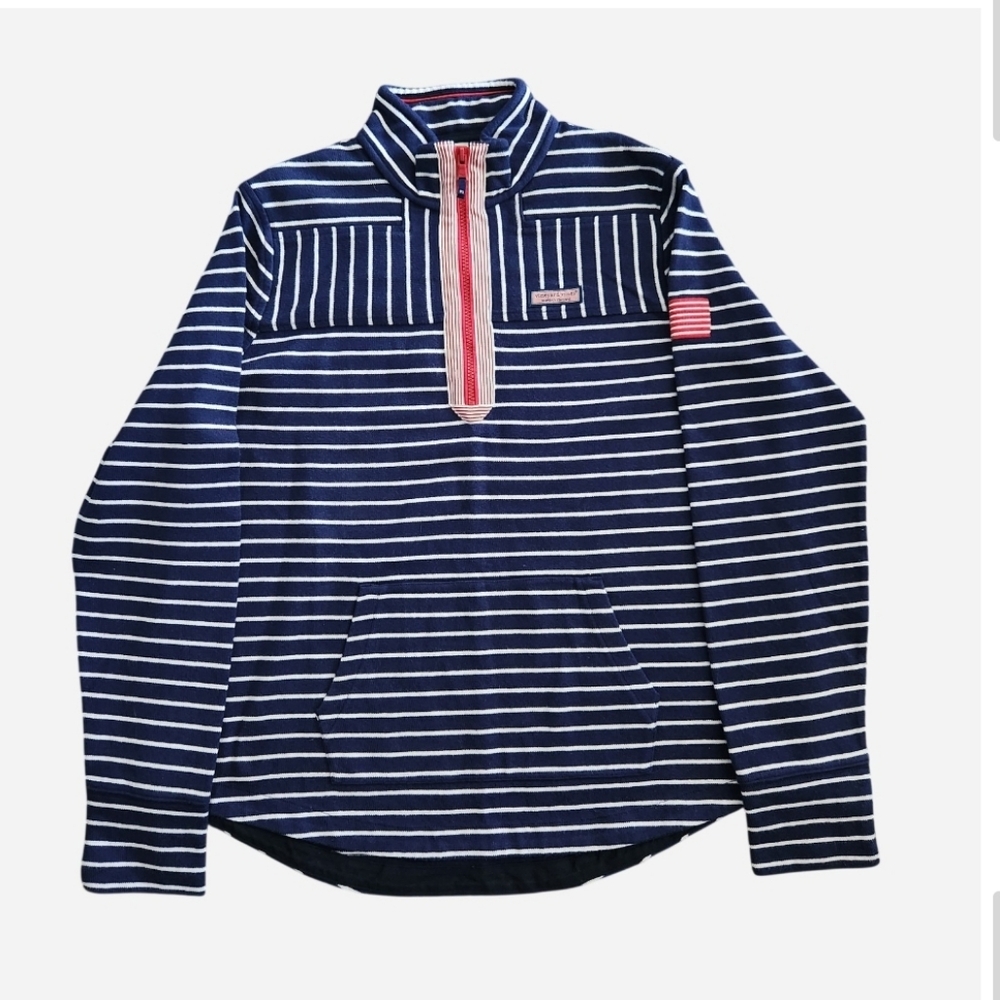 NWT Vineyard Vines Americana Relaxed Striped Shep Shirt Zip Up Sweater Deep Bay